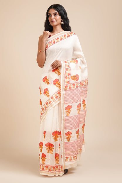 Teejh Baag-E-Gulaab Red and Caramel Block Print Chanderi Silk Saree