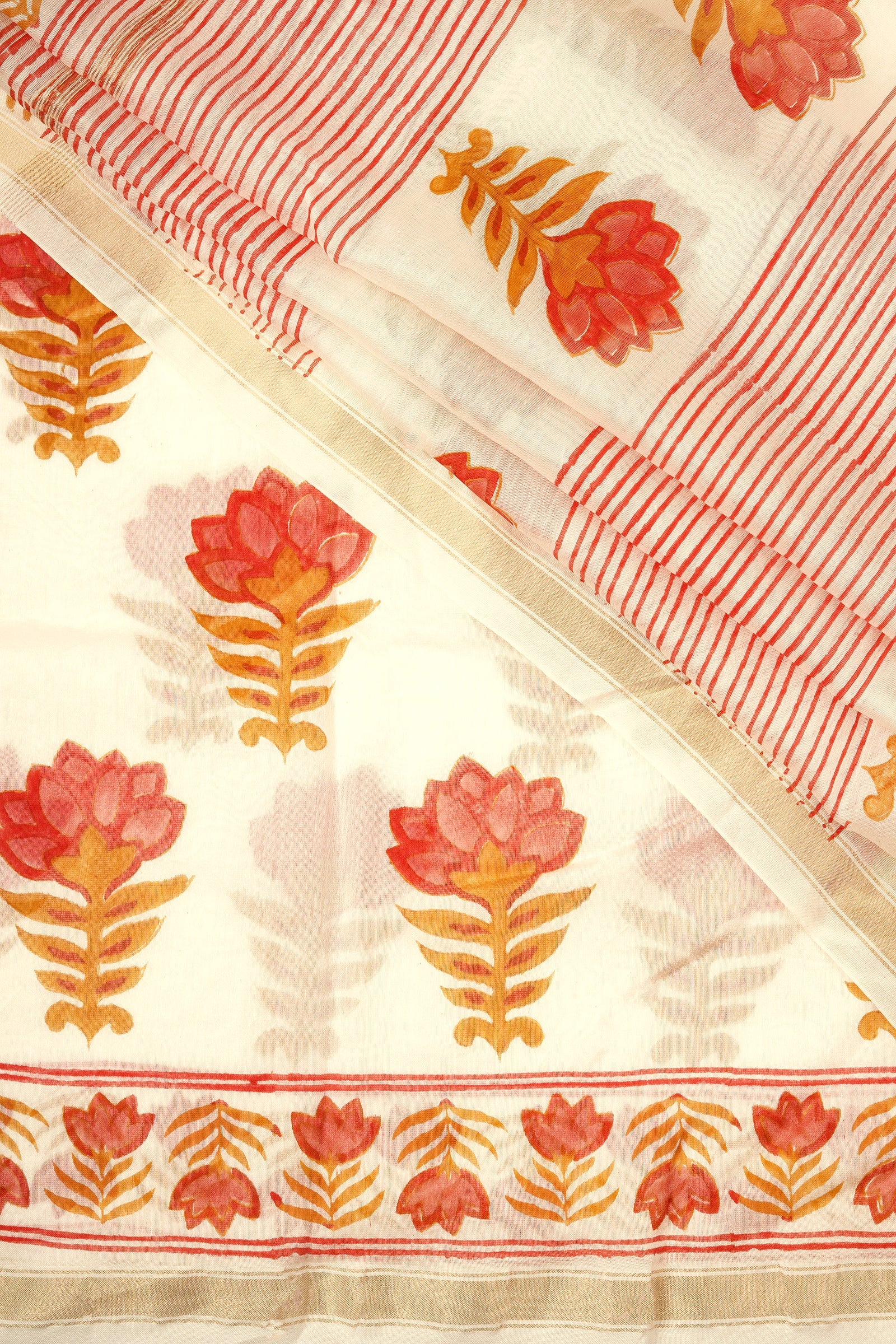 Teejh Baag-E-Gulaab Red and Caramel Block Print Chanderi Silk Saree