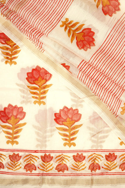 Teejh Baag-E-Gulaab Red and Caramel Block Print Chanderi Silk Saree