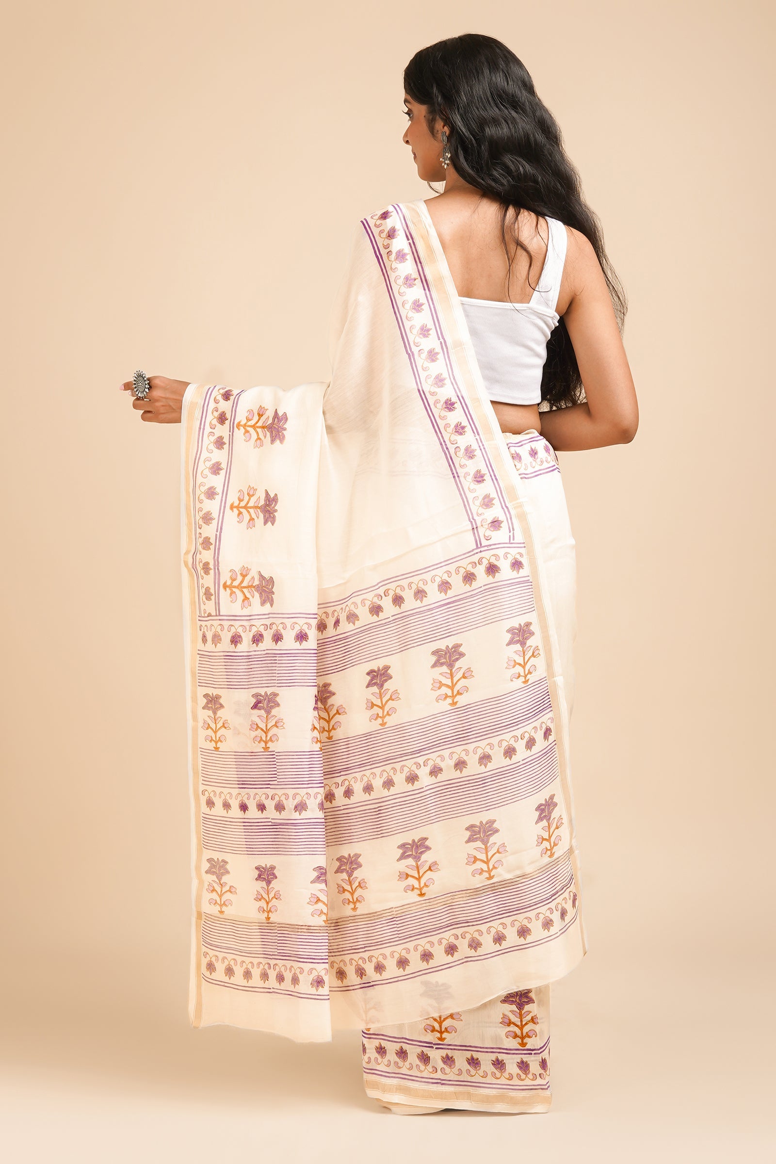 Teejh Vanyaa Purple and Off White Block Print Chanderi Silk Saree