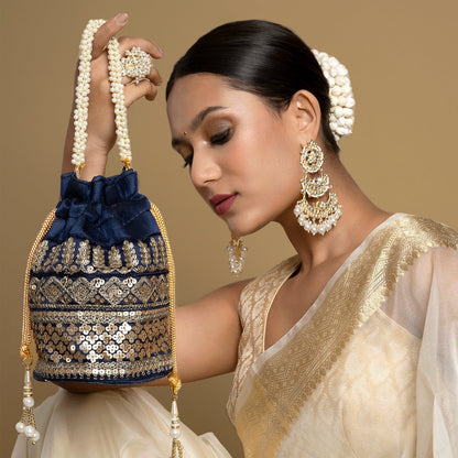 Wedding Bells Blue Embroidered Potli Bag