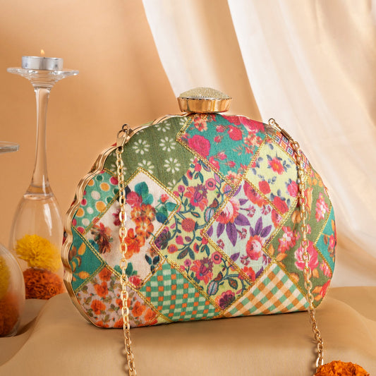 Teejh Noham Floral Print Applique Clutch
