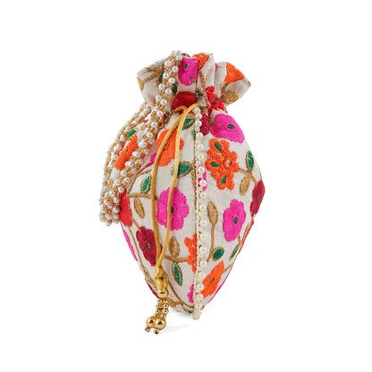 Glittering Garden Pink and Orange Embroidered Potli Bag