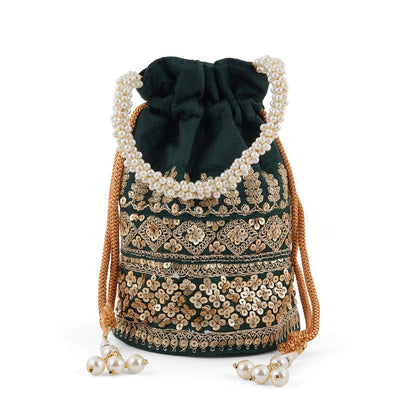 Royal Affair Bottle Green Embroidered Potli Bag