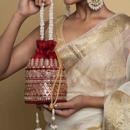 Royal Affair Dark Maroon Embroidered Potli Bag