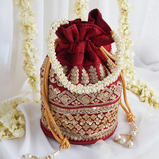 Royal Affair Dark Maroon Embroidered Potli Bag
