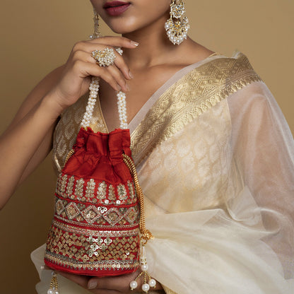 Royal Affair Flaming Red Embroidered Potli Bag