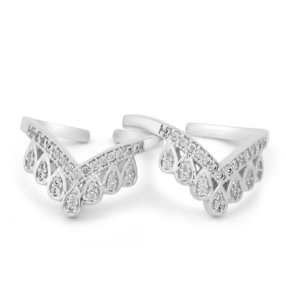 Two adjustable 925 Sterling Silver crown toe rings for women, studded with sparkling stones. – Zavya