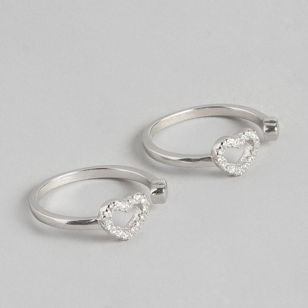 Two adjustable 925 Sterling Silver toe rings for women featuring studded open hearts. – Zavya
