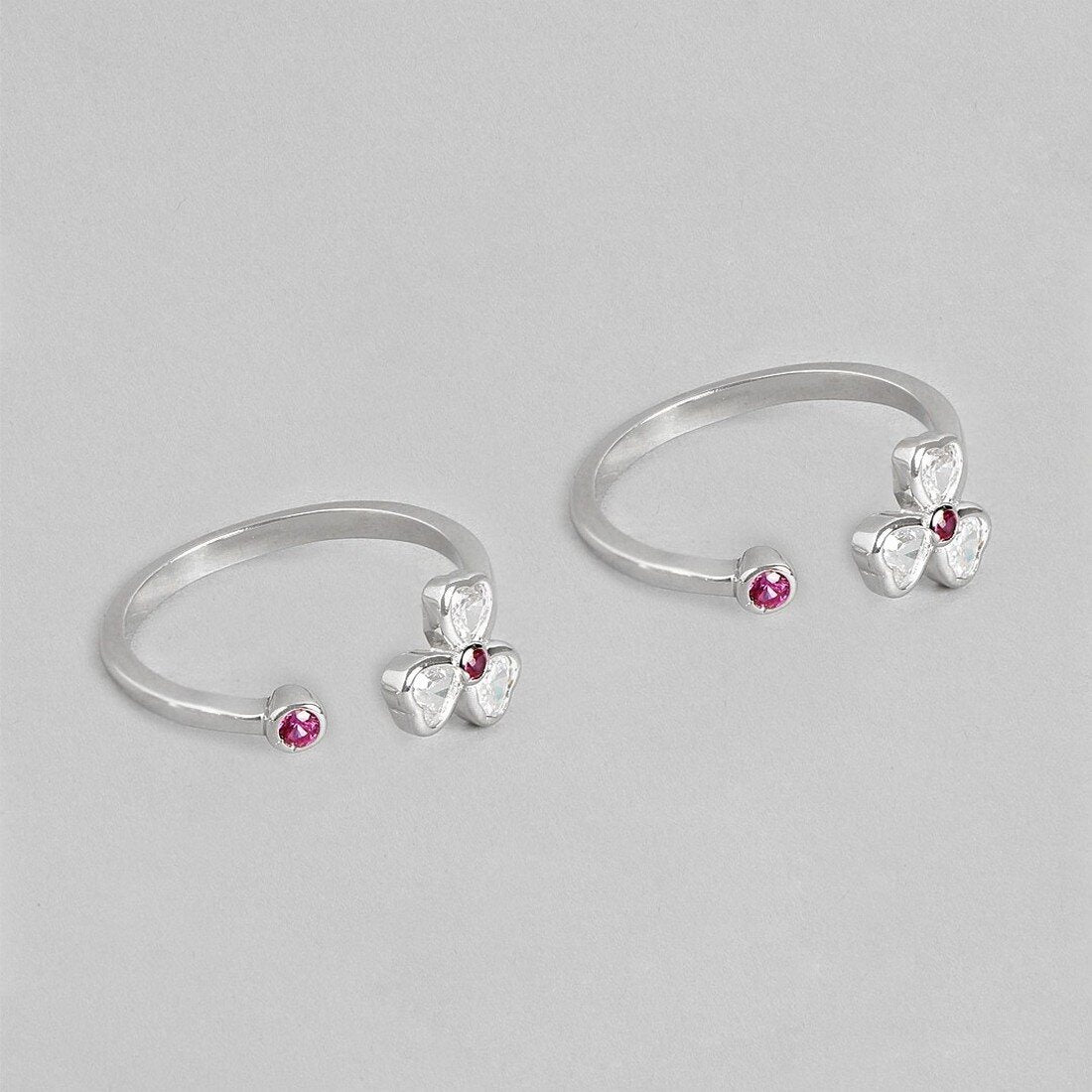 Two adjustable 925 Sterling Silver floral toe rings for women with pink and clear stones – Zavya