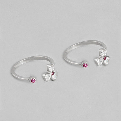 Two adjustable 925 Sterling Silver floral toe rings for women with pink and clear stones – Zavya