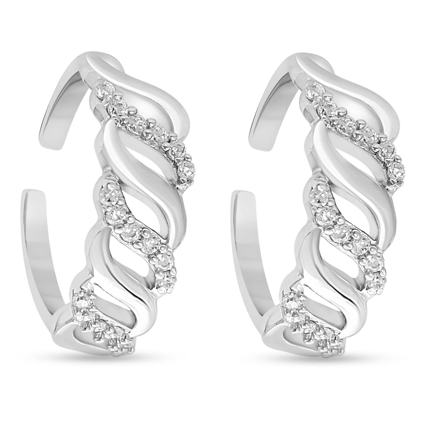 Pair of wavy 925 Sterling Silver toe rings for women with studded stones. Fine foot jewellery – Zavya