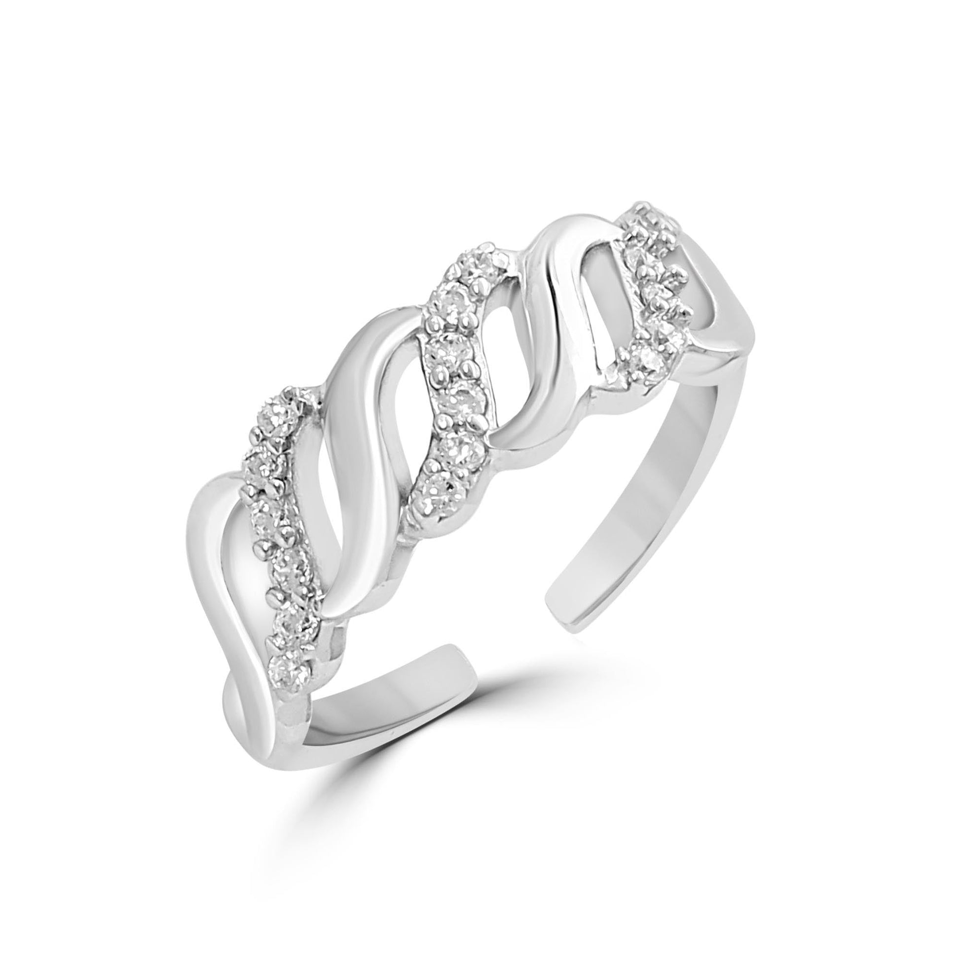 Adjustable 925 Sterling Silver wave toe ring for women studded with clear crystals – Zavya