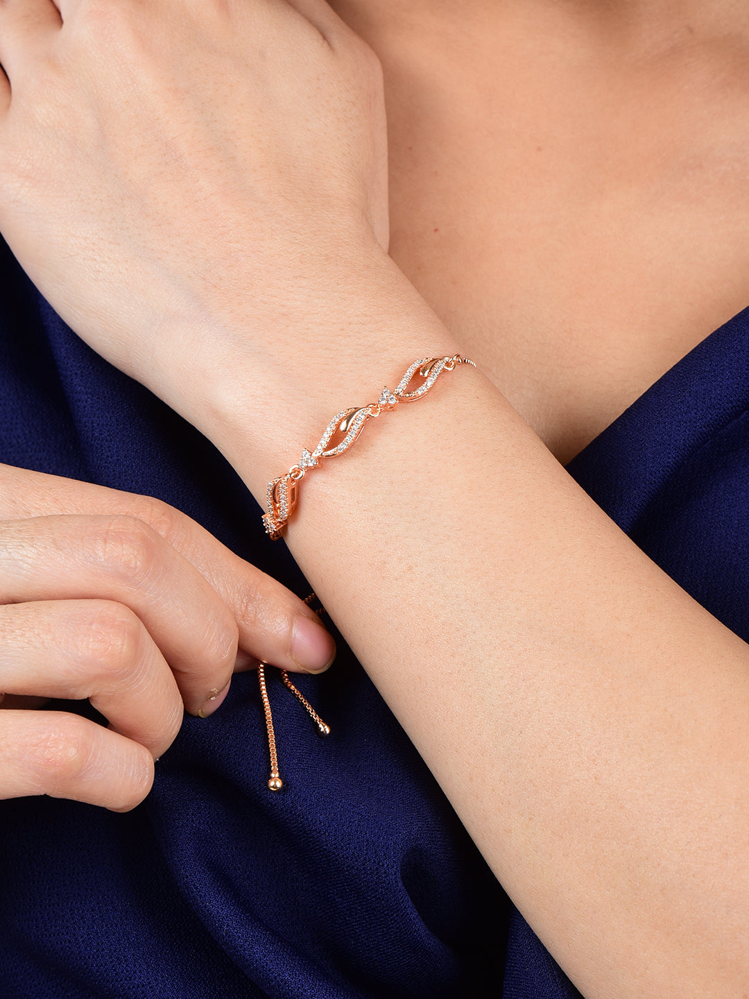 Rose Gold Plated American Diamond Adjustable Bracelet, Stylish Fashion Jewellery Gift for Girls & Women
