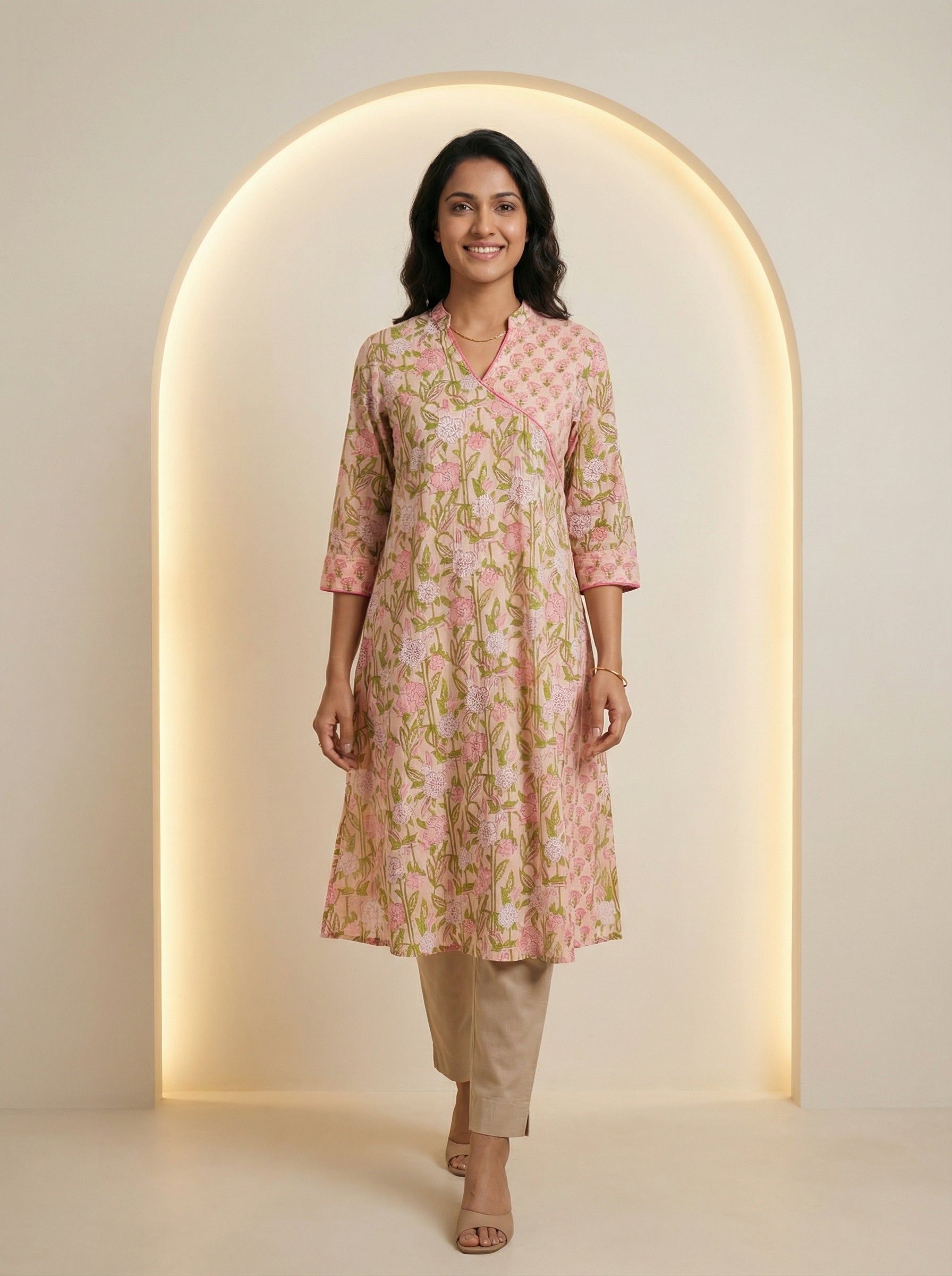 Peach Cotton Blooming Lace Kurta