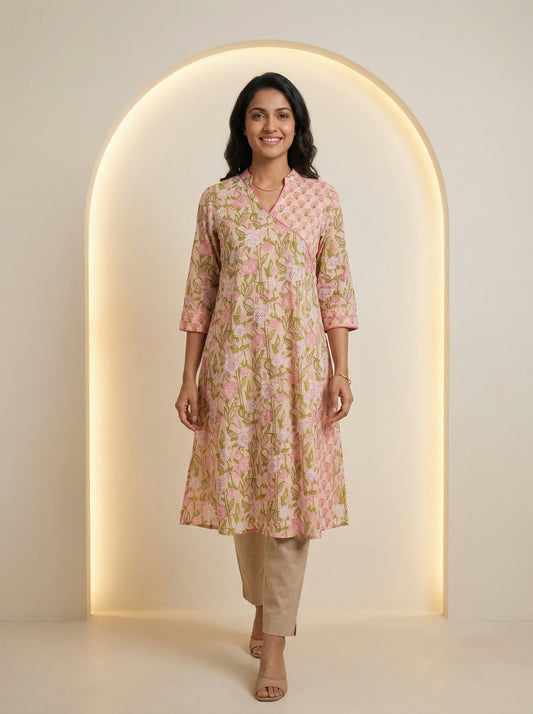 Peach Cotton Blooming Lace Kurta