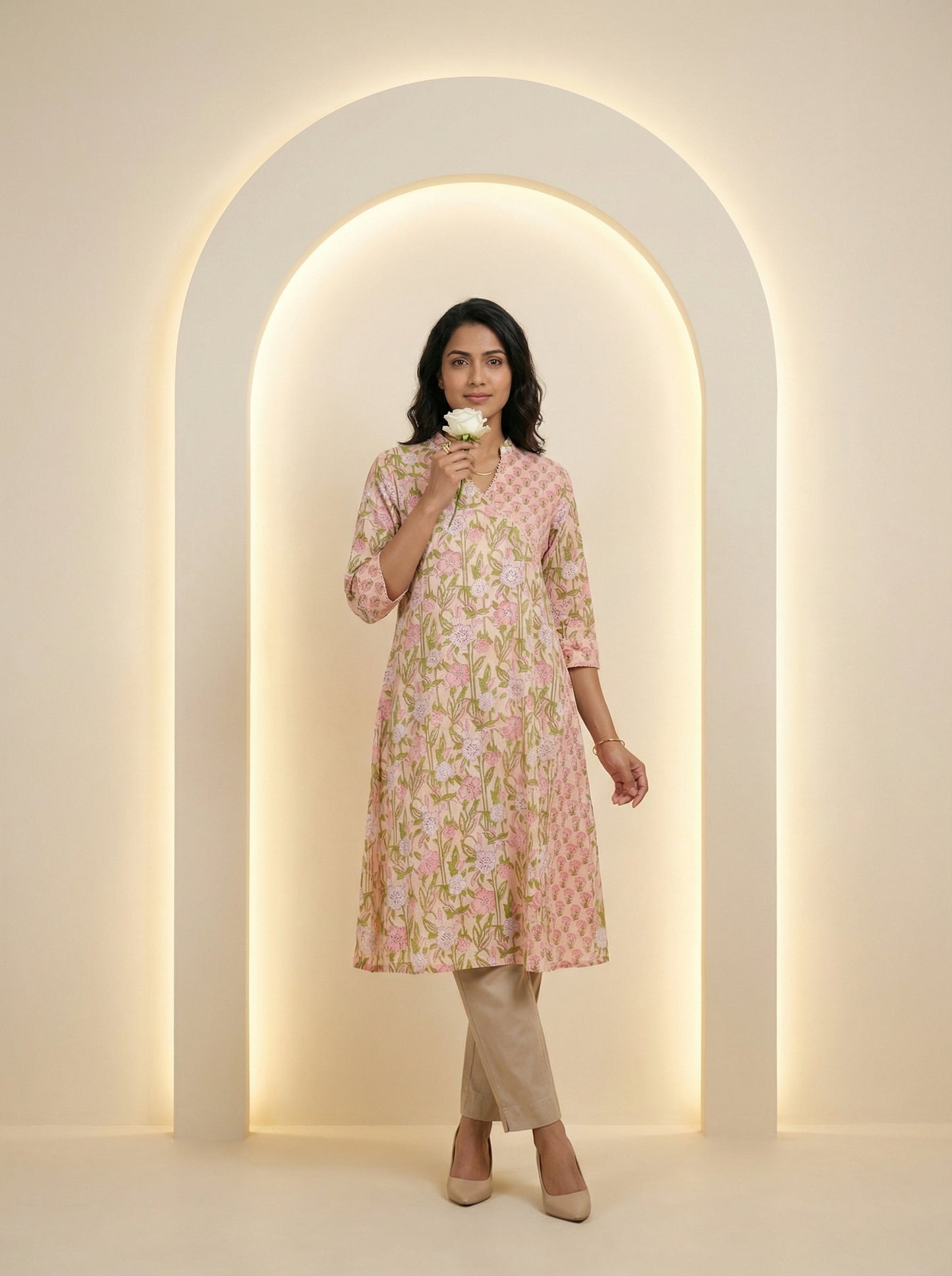 Peach Cotton Blooming Lace Kurta