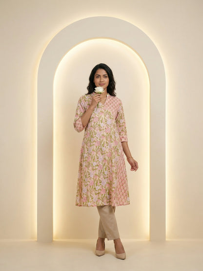 Peach Cotton Blooming Lace Kurta