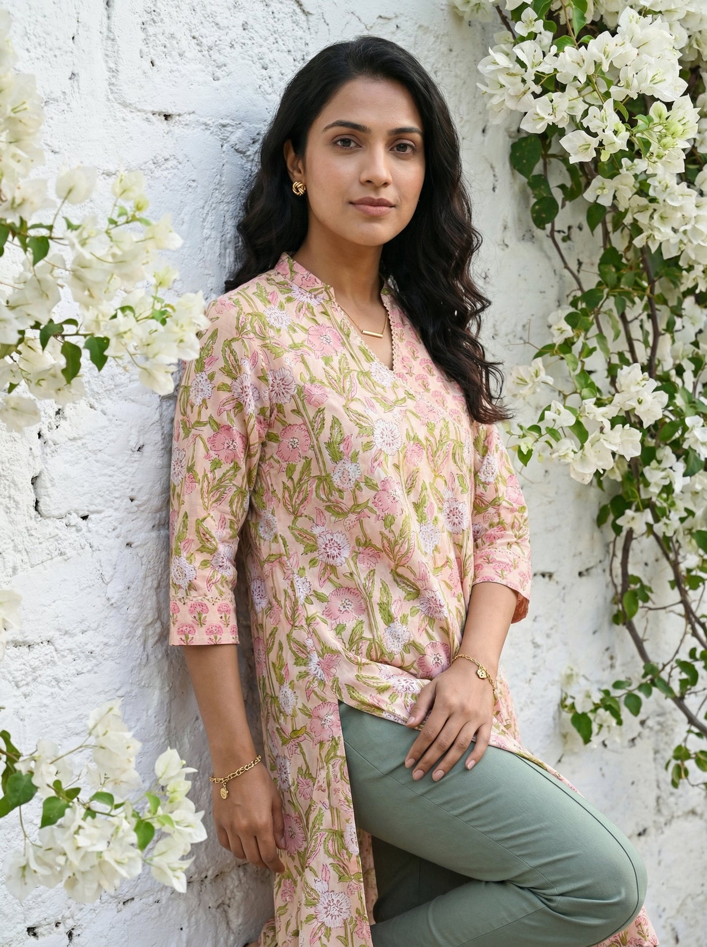 Peach Cotton Blooming Lace Kurta