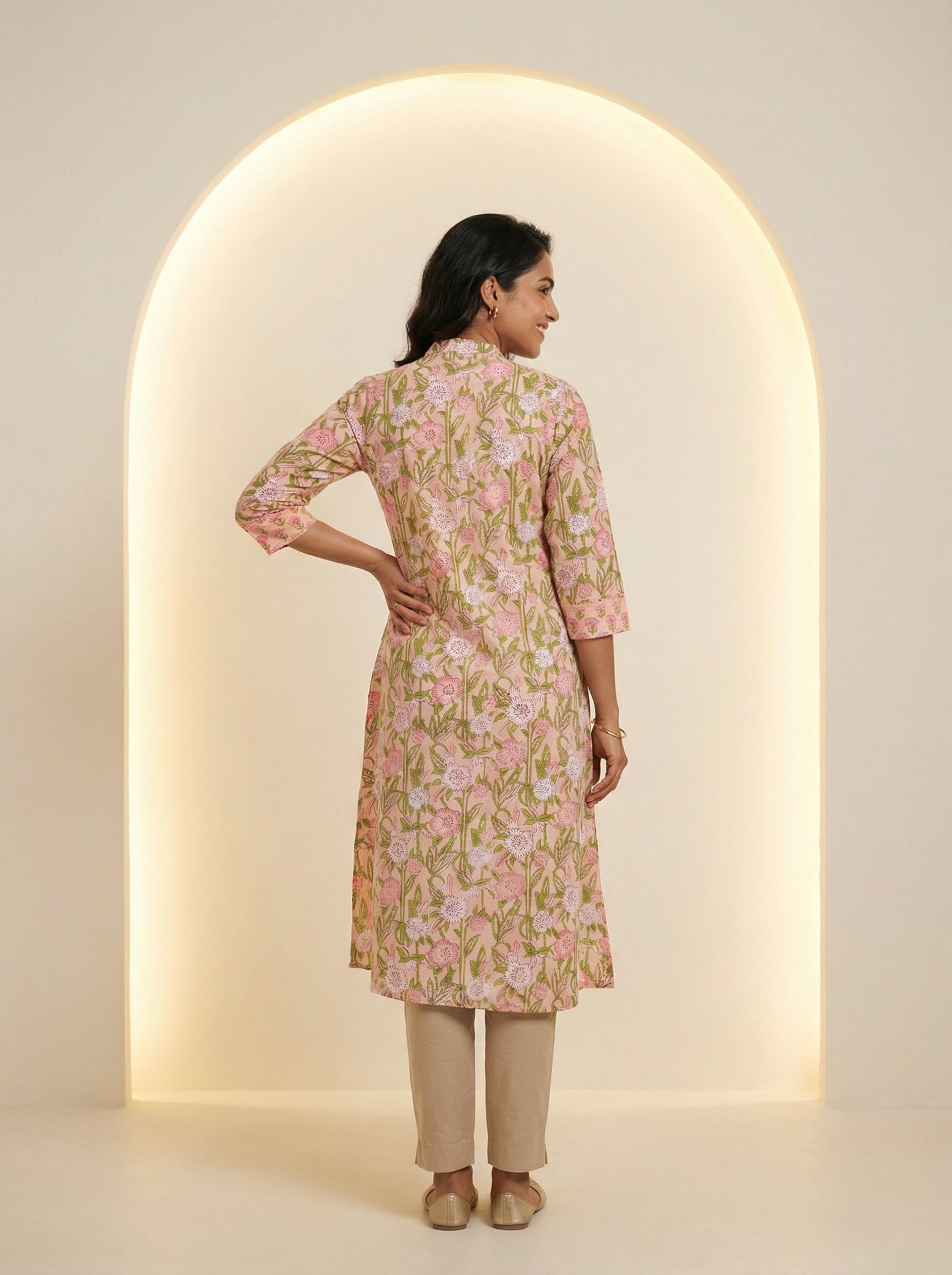 Peach Cotton Blooming Lace Kurta