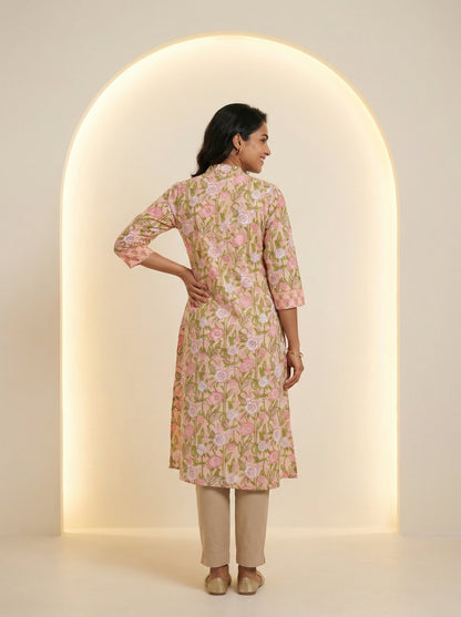 Peach Cotton Blooming Lace Kurta