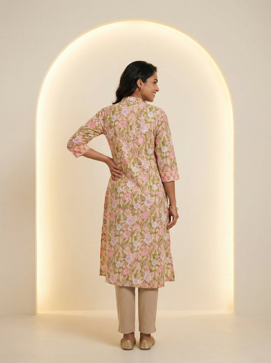 Peach Cotton Blooming Lace Kurta