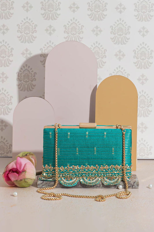 AMYRA - Tari Silk Box Clutch - Turquoise