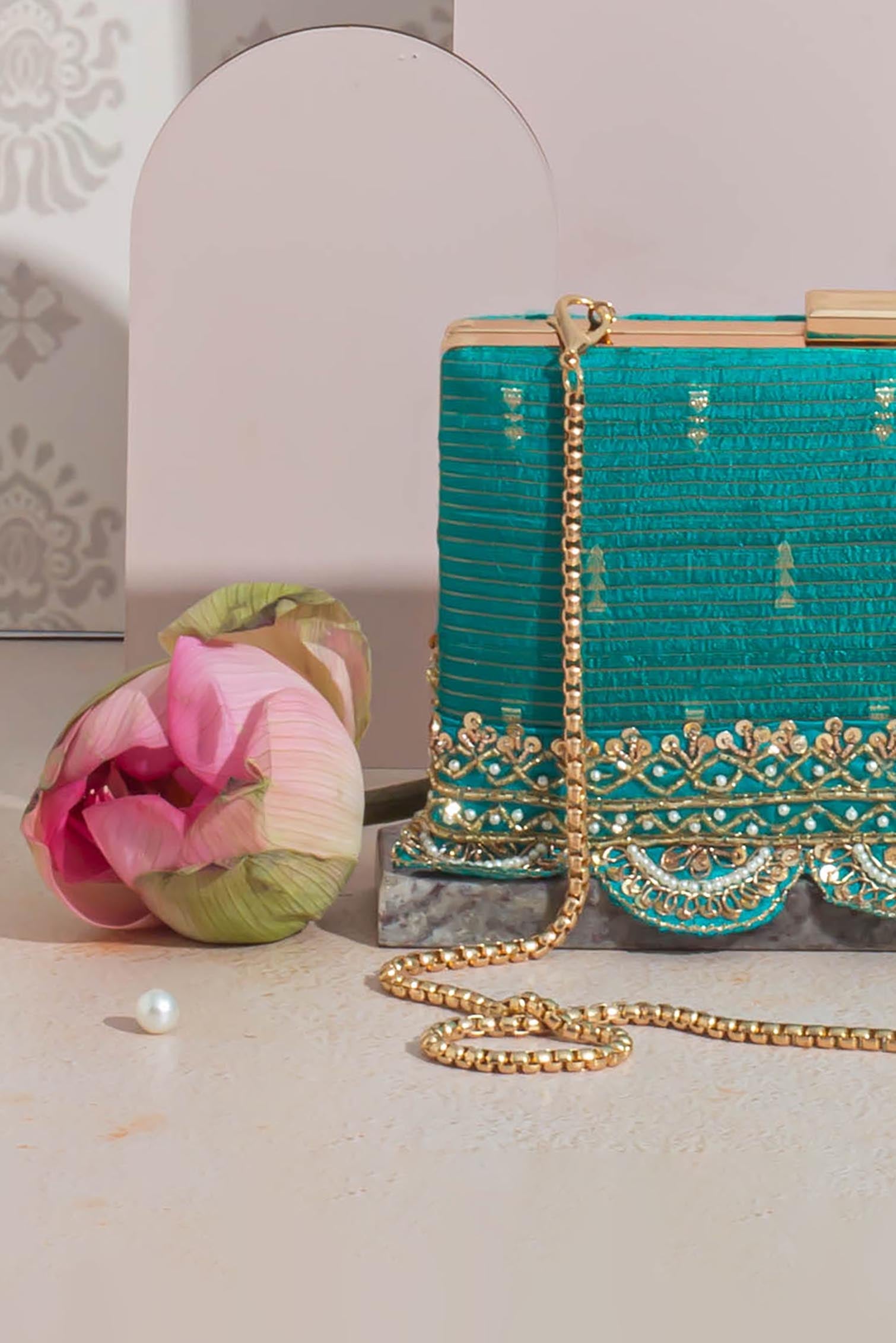 AMYRA - Tari Silk Box Clutch - Turquoise