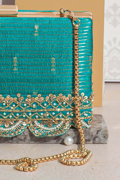 AMYRA - Tari Silk Box Clutch - Turquoise