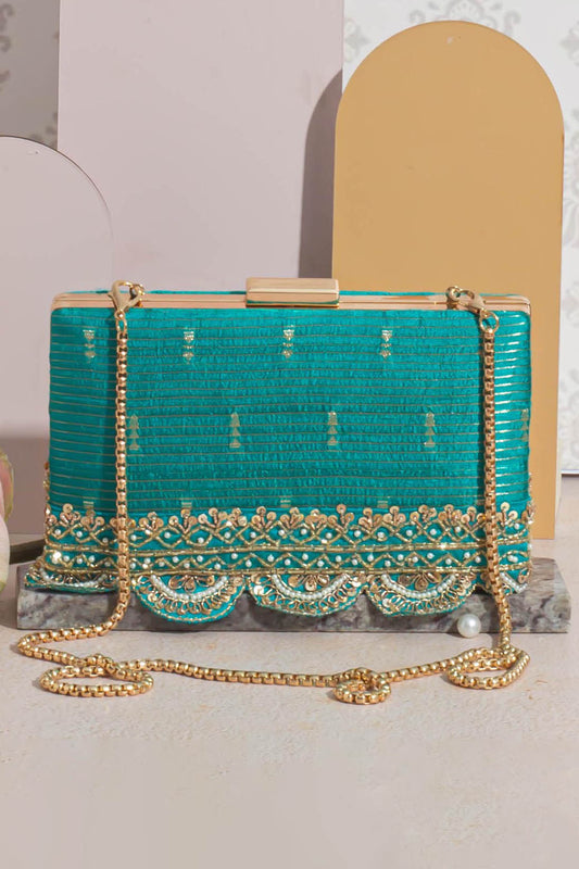 AMYRA - Tari Silk Box Clutch - Turquoise