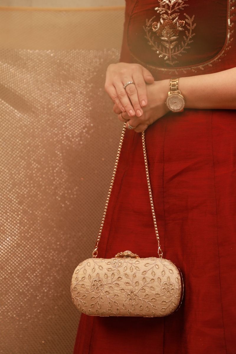 AMYRA - Tarang Cutwork Capsule Clutch - Gold