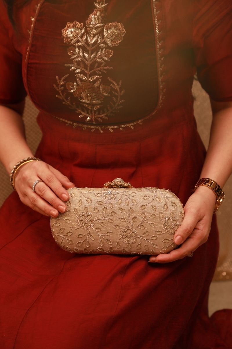 AMYRA - Tarang Cutwork Capsule Clutch - Gold