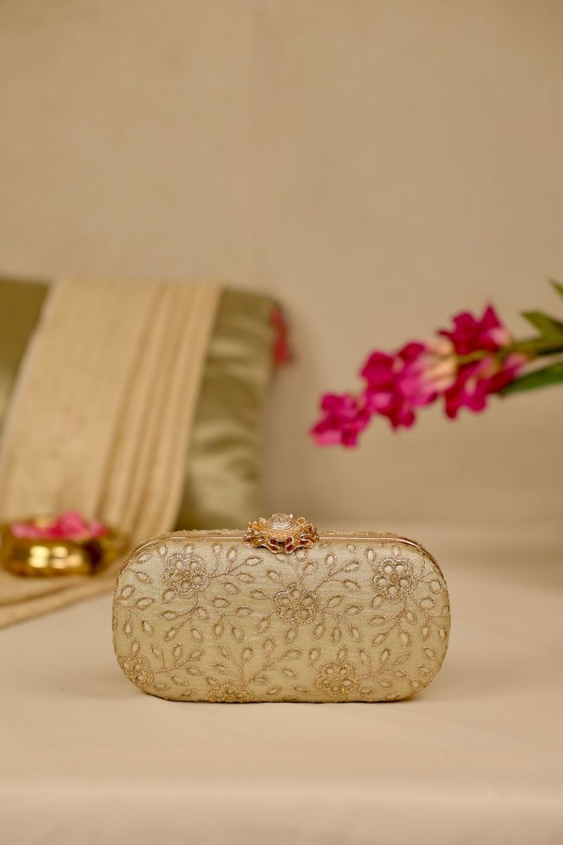 AMYRA - Tarang Cutwork Capsule Clutch - Light Gold