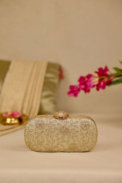 AMYRA - Tarang Cutwork Capsule Clutch - Light Gold