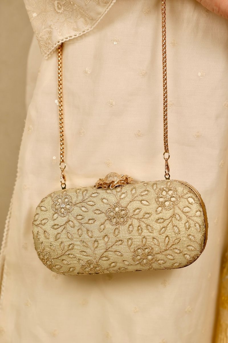 AMYRA - Tarang Cutwork Capsule Clutch - Light Gold