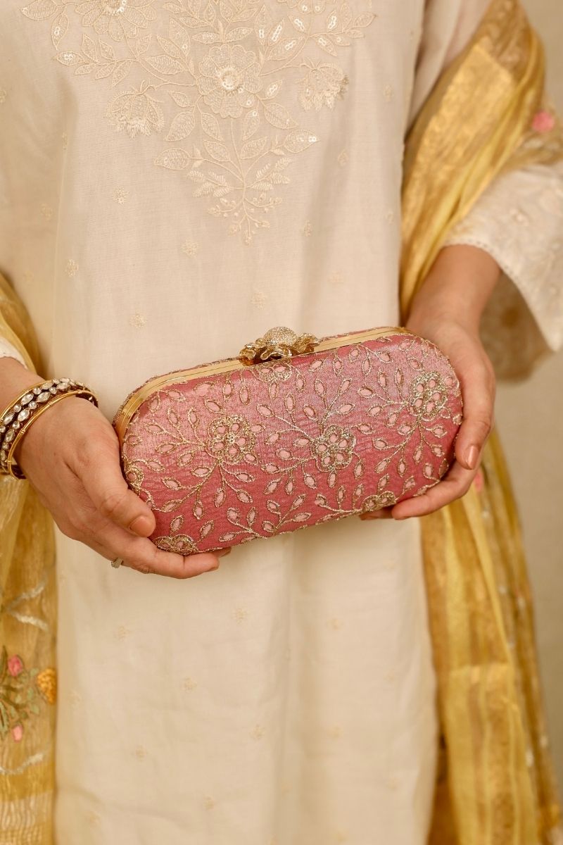 AMYRA - Tarang Cutwork Capsule Clutch - Pink