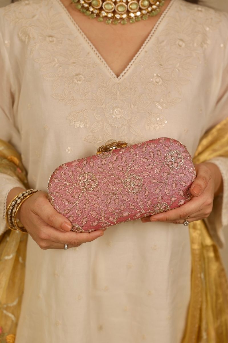 AMYRA - Tarang Cutwork Capsule Clutch - Pink
