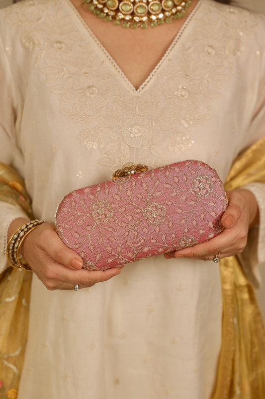 AMYRA - Tarang Cutwork Capsule Clutch - Pink