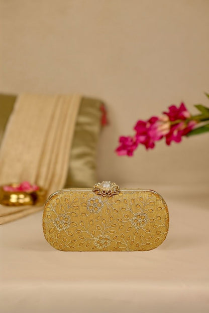 AMYRA - Tarang Cutwork Capsule Clutch - Mustard