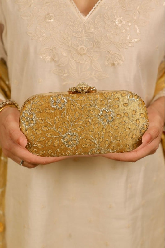 AMYRA - Tarang Cutwork Capsule Clutch - Mustard