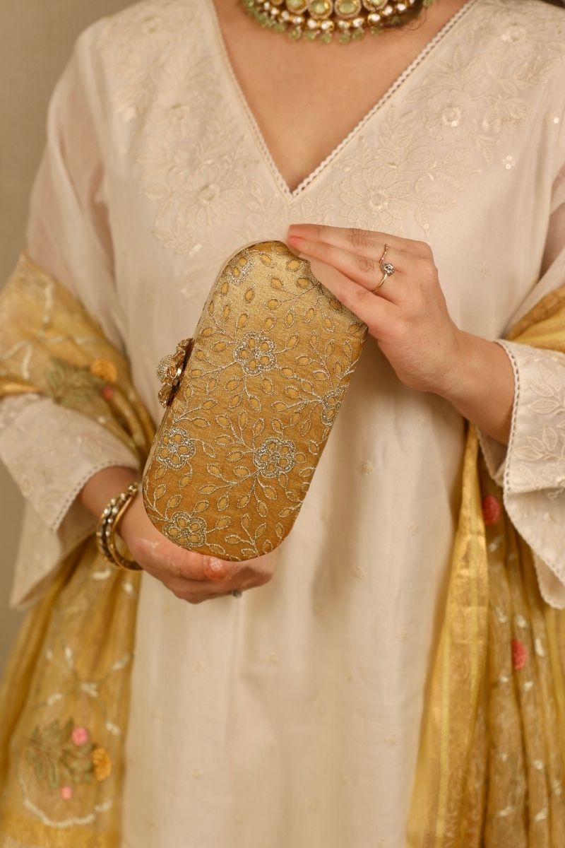 AMYRA - Tarang Cutwork Capsule Clutch - Mustard