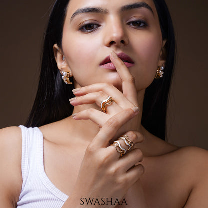 Tariya White Wavy Curves Enamel 18K Gold Plated Ring