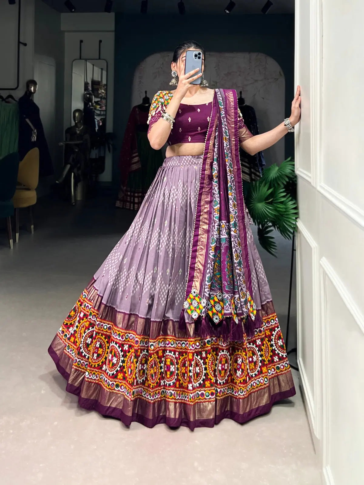 Tassar Silk Ikkat Print work Navratri Special Chaniya Choli (Ready To Wear) Ethenika.com