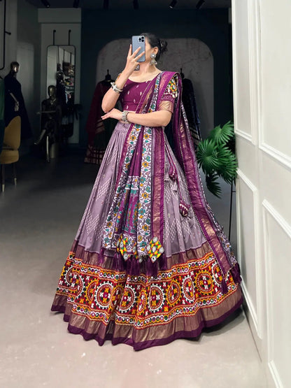 Tassar Silk Ikkat Print work Navratri Special Chaniya Choli (Ready To Wear) Ethenika.com