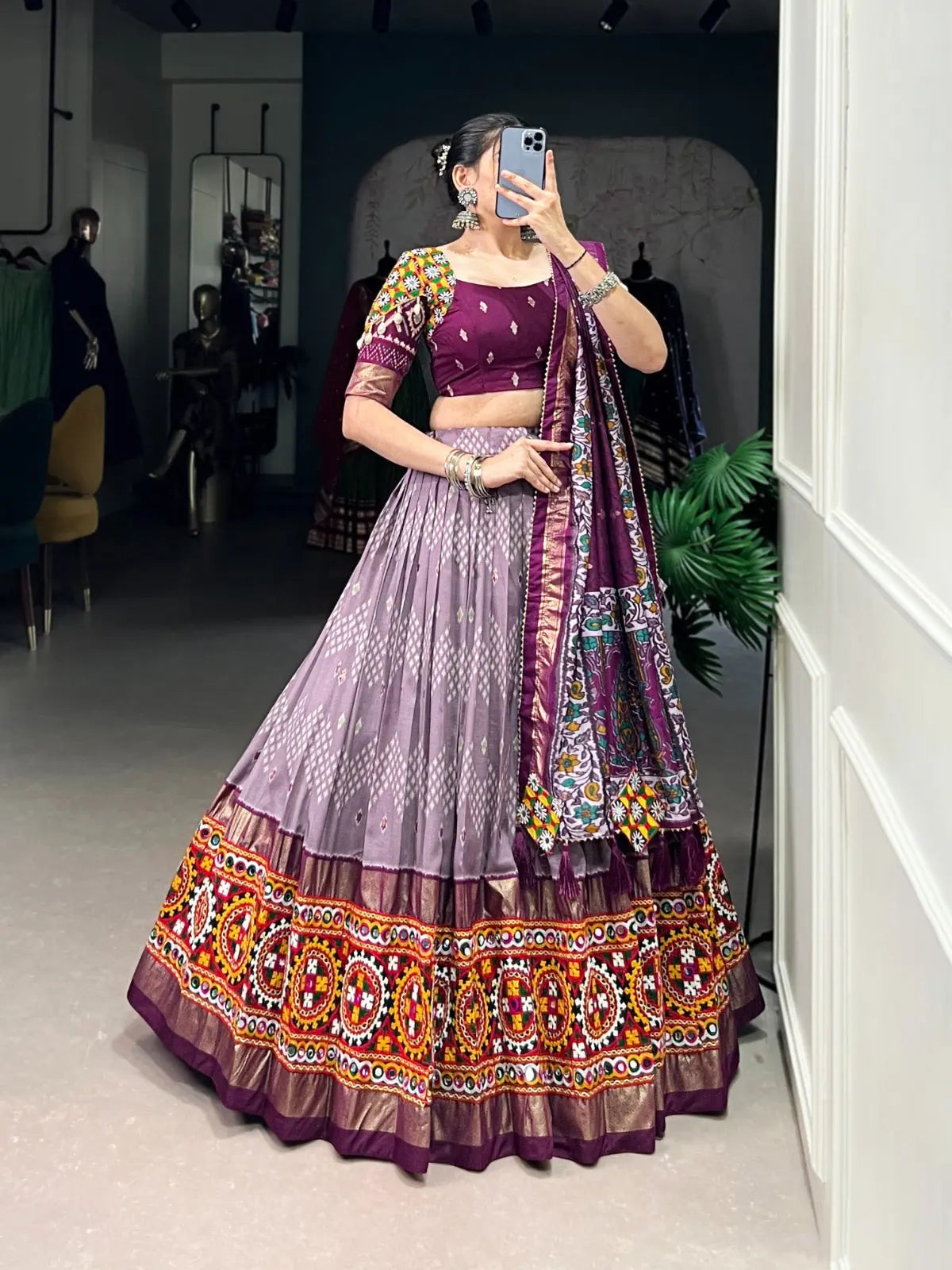 Tassar Silk Ikkat Print work Navratri Special Chaniya Choli (Ready To Wear) Ethenika.com