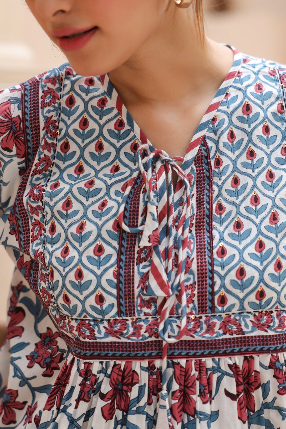 Tie-Up Neck Floral Cotton Top