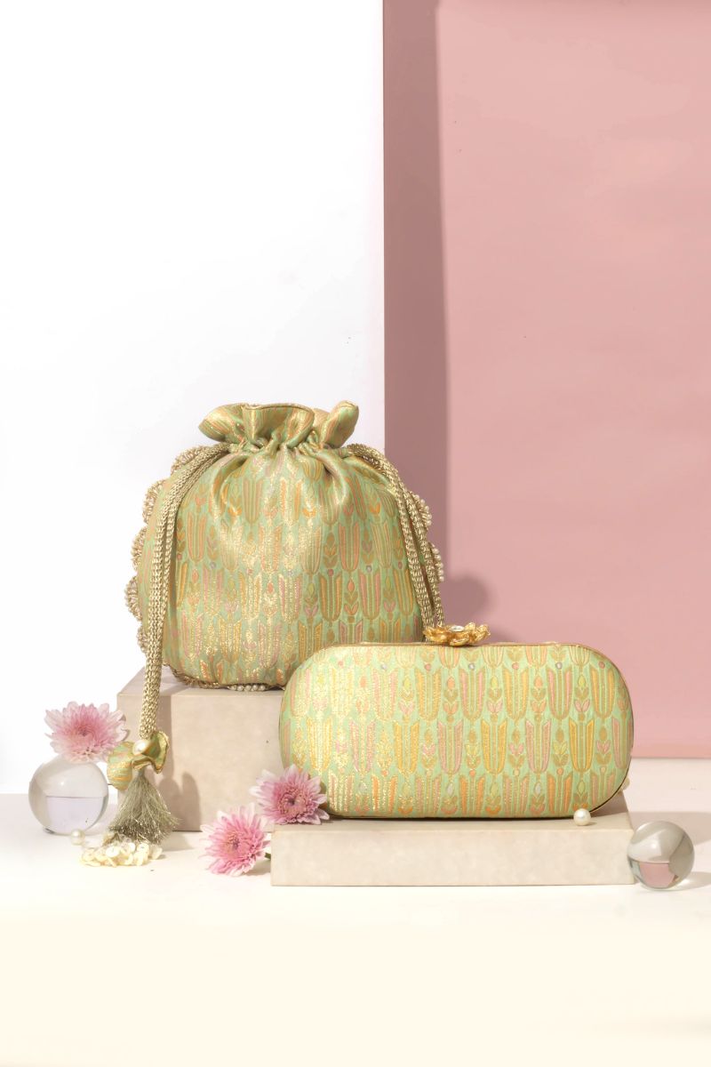 AMYRA - Titli Pure Banarasi Silk Capsule Clutch - Green