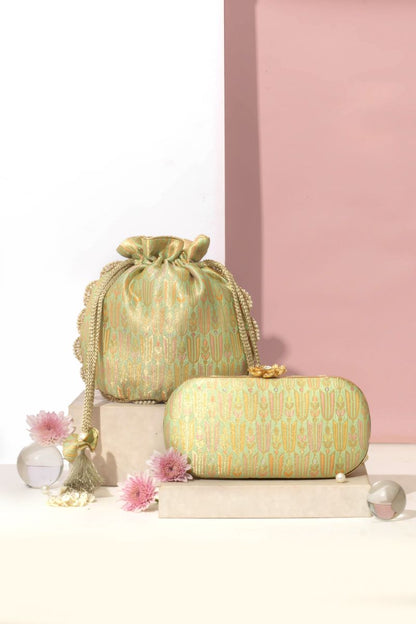 AMYRA - Titli Pure Banarasi Silk Capsule Clutch - Green