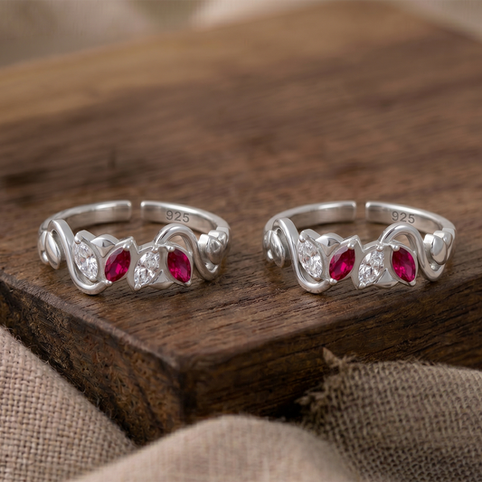 Pure 92.5 Silver Dual Stone Designer Toe Rings (Pair)