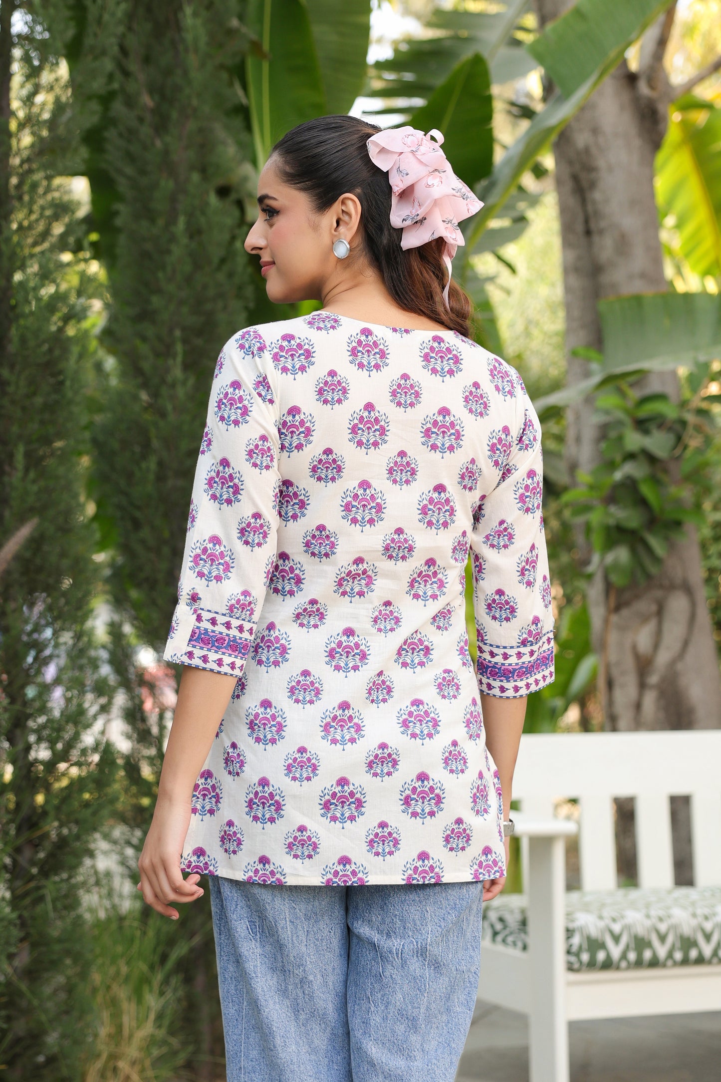 Traditional motif printed cotton top for everyday wear